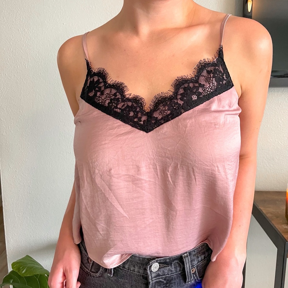 Forever 21 blush silk tank top with black lace